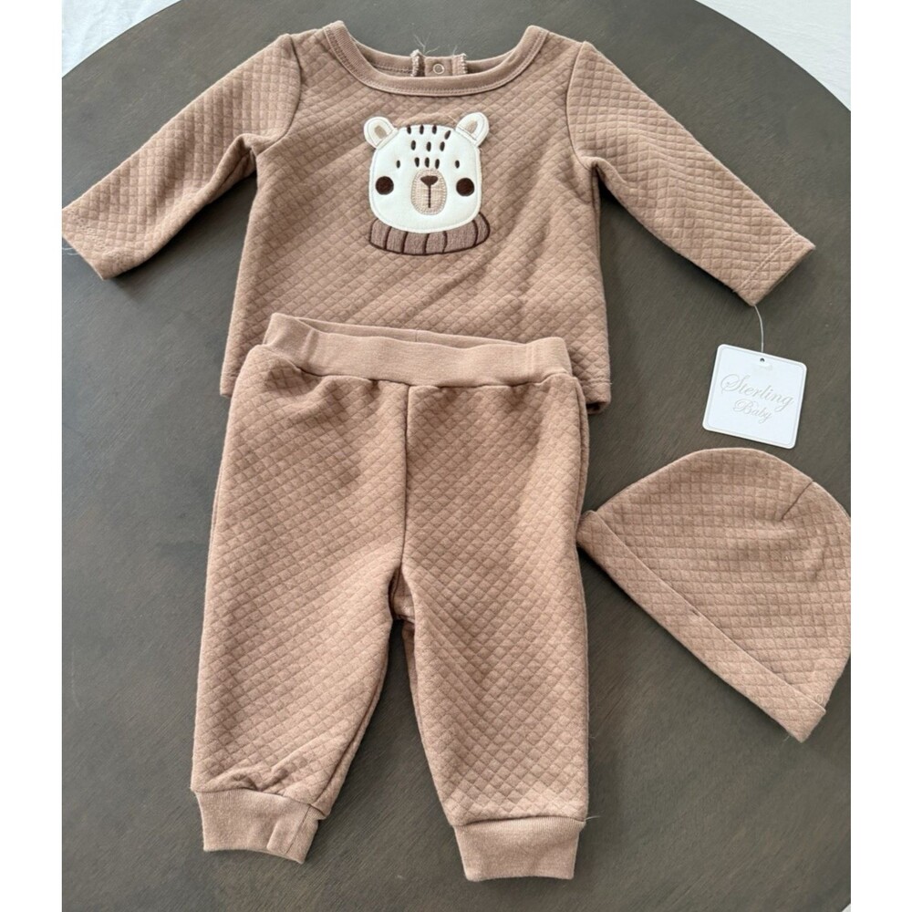 New Sterling Baby boy girl Layette 3pc Set pants shirt hat bear brown size 6M